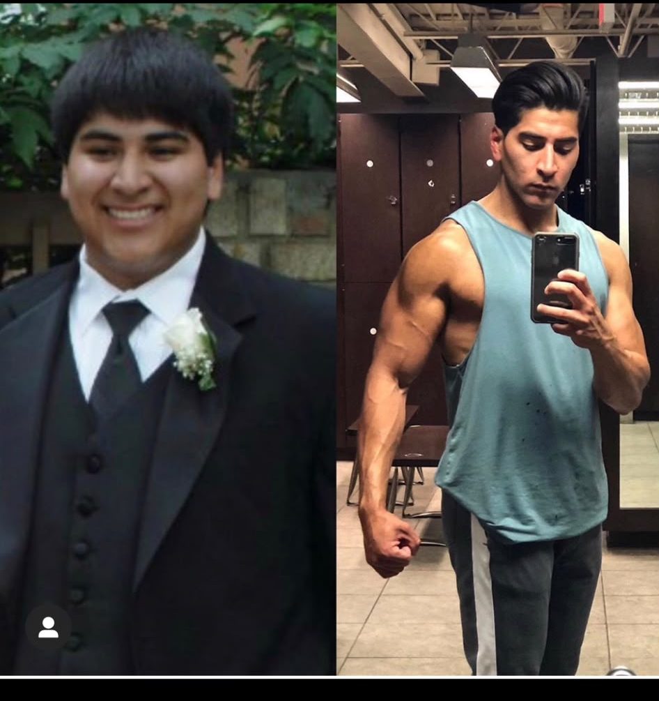 Client before-and-after muscle-building transformation